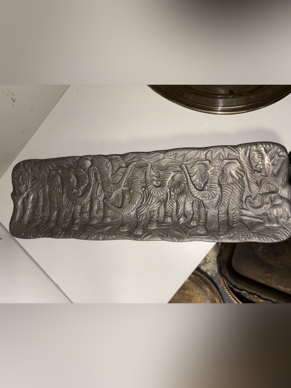 Embossed Elephant Metal Tray - Silver Tone